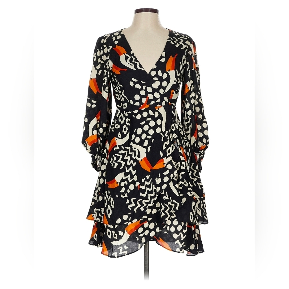FARM Rio Toucans Ecovero™ Viscose Wrap Mini Dress L Long Sleeves Lined Ruffle